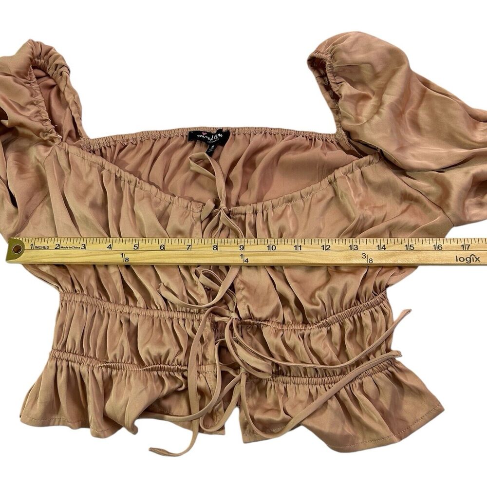 Coquette Ruched Tie Front Crop Top Long Sleeve Beige Brown Sz M MilkMaid Cottage - Picture 4 of 7